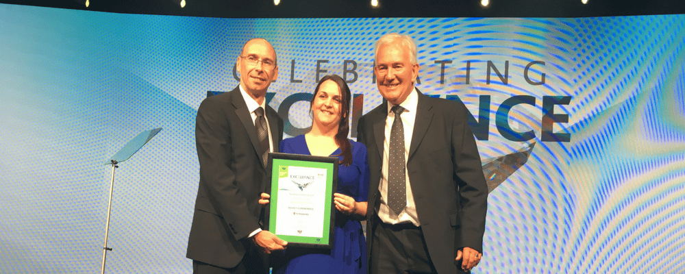 Ian Macara, Elin Dukes and Rhys Price collecting the Highly Commended certificate in the Customer Service category at the Law Society Excellence Awards.