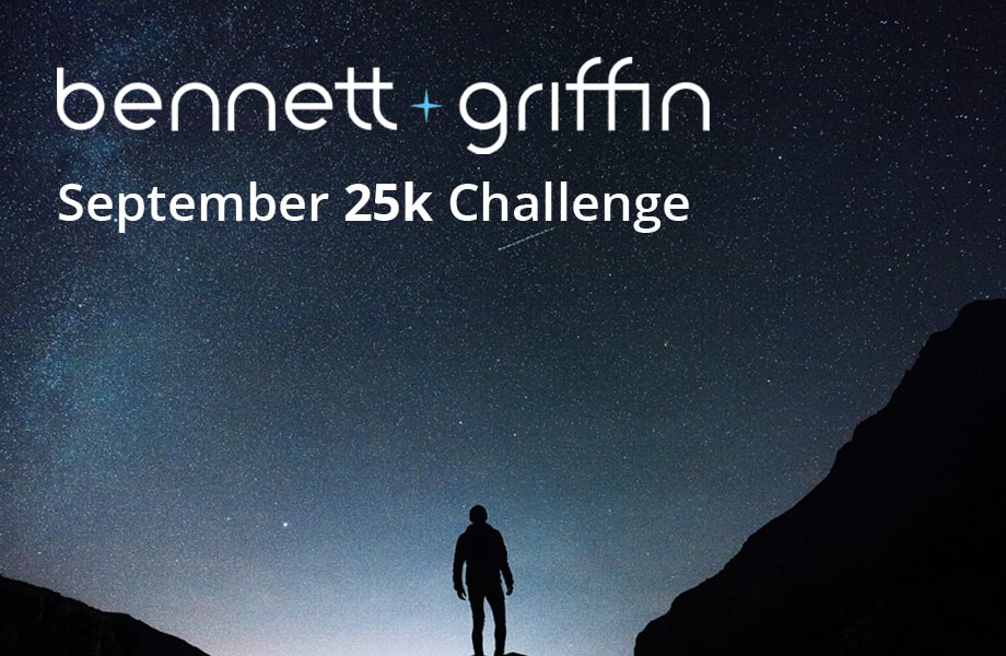 Silhoutte of person staring up at the night sky below text reading: 'Bennett Griffin - September 25k Challenge'.