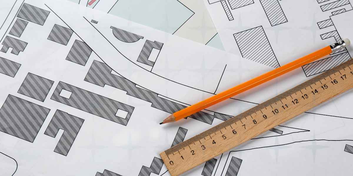 A property map with a pencil and ruler to help illustrate the benefits of building regulations.